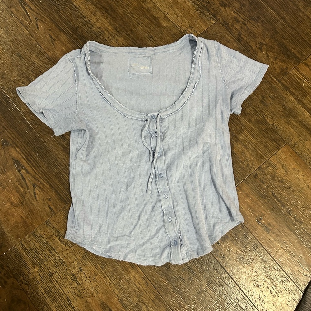 aerie Pale Blue Short Sleeve Button-Tie Ribbed Top